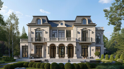 Obraz premium Inspired by the French Renaissance period this private residence features a distinctive mansard roof intricate moldings and arched windows that evoke an air of sophistication