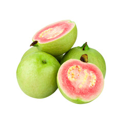 Guava is a tropical fruit with pink juicy flesh and a strong sweet aroma with leaf on a transparent background