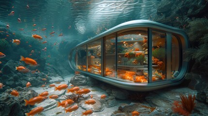 Submerged serenity: mesmerizing underwater house room reveals aquatic wonders through panoramic aquarium windows, a tranquil retreat in the heart of the deep blue