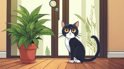 A curious cat investigating a potted plant on a hardwood floor, its large eyes filled with wonder at the greenery.