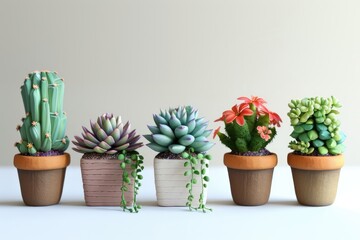 Group of various indoor cacti and succulent plants in pots