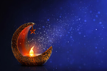 Shiny golden crescent moon with star lantern, with glitter and sparkle effect at blue night sky, Ramadan kareem background - 739694894