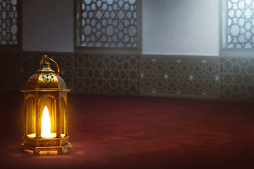 Arabic lantern in the mosque window arch, Ramadan kareem background - 739695214