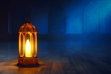 Arabic lantern in the mosque window arch at night, Ramadan kareem background - 739695296