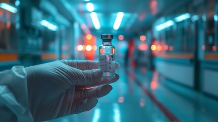 A gloves hand holding a vaccine bottle against a medical backdrop with space for text, Generative AI.