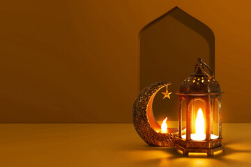Shiny golden crescent moon with star lantern and arabic lantern in the mosque window arch at night, Ramadan kareem background - 739695465