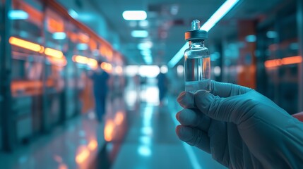 A gloves hand holding a vaccine bottle against a medical backdrop with space for text, Generative AI. - obrazy, fototapety, plakaty