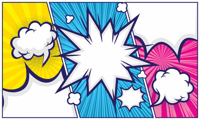 Colorful comic panel background with blank speech bubble place for text