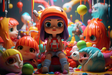 A group of 3D girl toys arranged in a playful pose, with vivid colors and a sense of depth, as if they were captured during a candid moment.