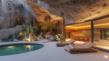 Built into the side of a cliff this innovative subterranean home features a unique indooroutdoor living concept with a courtyard and pool surrounded by natural rock formations. - obrazy, fototapety, plakaty