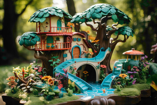 A magical garden playset with fantastical creatures, flowers, and treehouses, encouraging imaginative storytelling and role-playing.