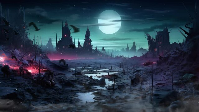 fantasy background with anime style illustration. apocalyptic wasteland at night. seamless looping overlay 4k virtual video animation background 