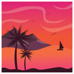 natural background, sunset, coconut tree, mountain, coloring vector illustration