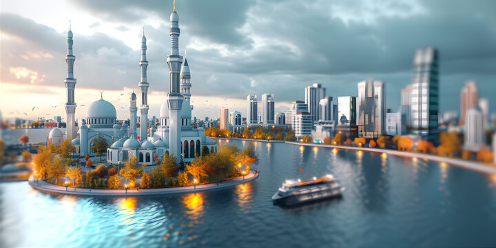 Aerial view of 3D rendering downtown city landscape with mosque, building, river, ship on it. cloudy and evening time