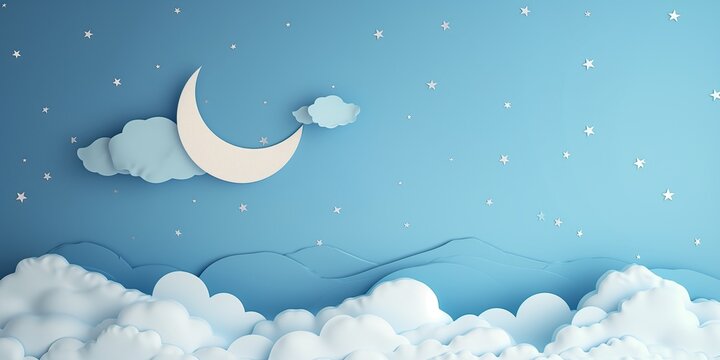 3d papercut craft pastel color of moon, stars and clouds. night sky view paper craft art for children fantasy and nursery or sleep dream background concept