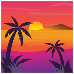 Fototapeta na wymiar natural background, sunset, coconut tree, mountain, coloring vector illustration