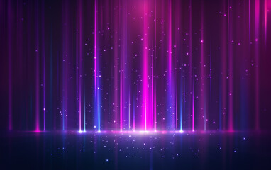 Blue and violet beams of bright laser light shining on black background