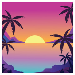 Fototapeta na wymiar natural background, sunset, coconut tree, mountain, coloring vector illustration