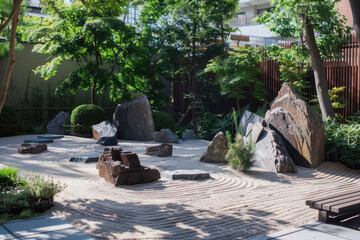 Zen garden with stones and sand, invoking tranquility