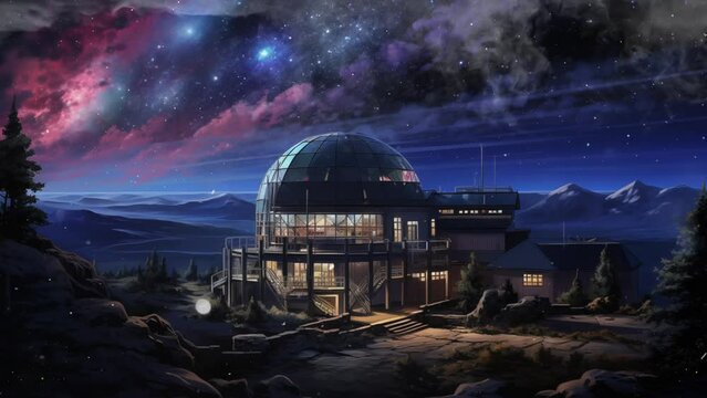 celestial observatory at night with each telescope. seamless looping overlay 4k virtual video animation background 
