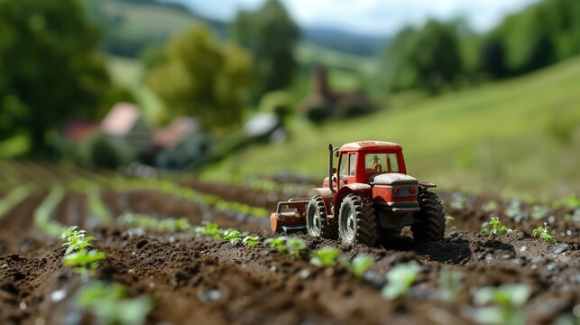 A mini toy tractor sample in agricultural field with a big empty space for text or product, Generative AI.