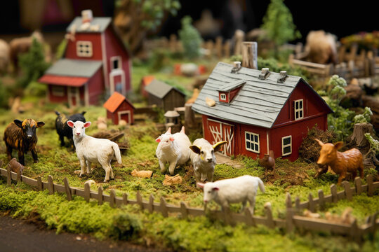 A tableau of miniature farm animals, complete with tiny barns and fences, capturing the charm of a rural setting in small form.