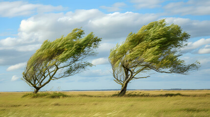 2 Windswept trees in the meadow were made to lean among open grass field. A strong wind blows the trees and tilts them