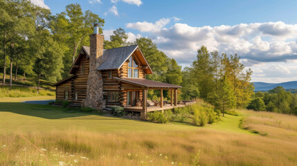 Embrace the simplicity of mountain life in this homestead with its humble log cabin design stone chimney and sweeping views of the meadows and forests below.