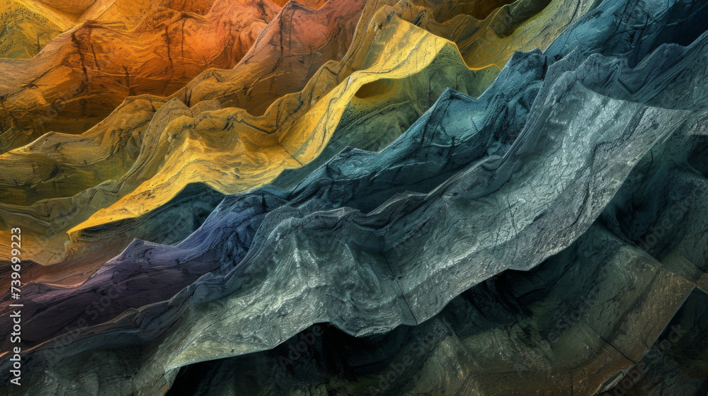 Poster the gradual erosion of layers revealing a mosaic of colors and textures within the once solid surfac