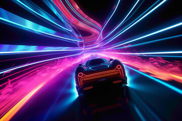 A toy car speeding along a neon-lit track in a fantastical virtual reality landscape.