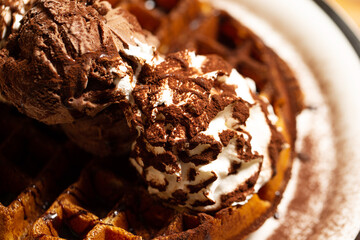 ice cream with chocolate, waffle