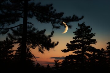 Crescent moon cradled by the silhouetted branches of a towering pine tree.
