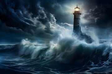 Naklejka premium Moonlit lighthouse standing sentinel against the turbulent waves, a beacon of hope. 