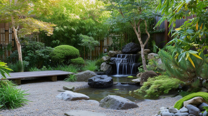 A tranquil Zen garden with a bubbling water feature carefully p stones and lush greenery for a peaceful outdoor retreat.