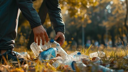 A person collects plastic wastes including bottle with empty space for text a concept of save the environment, Generative AI. - obrazy, fototapety, plakaty