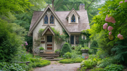 Fototapeta na wymiar Quaint and enchanting this country cottage is filled with whimsical touches such as a stained gl window a clawfoot bathtub and a fairy taleinspired garden with winding paths