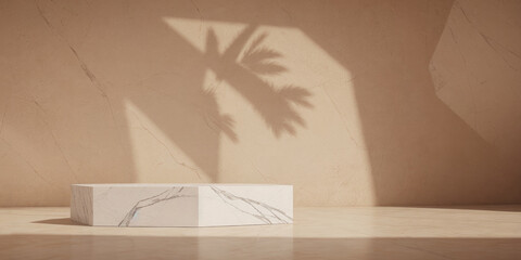 marble stone podium with shadow of leaf. Beauty product mockup. Scene to show products. Showcase, display case. Monochrome beige template for mockup, banner
