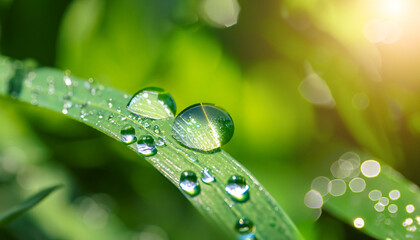 Beautiful large drop morning dew in nature, selective focus. Drops of clean transparent water on leaves. Sun glare in drop. Image in green tones. Spring summer natural background.