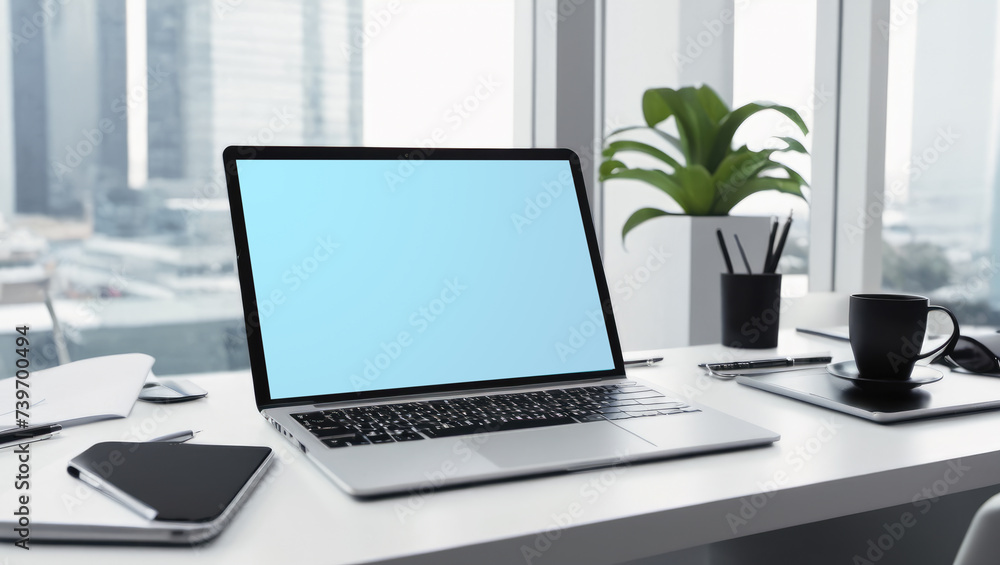 Poster creative workplace with mockup laptop screen on window with city view. workspace office room table w