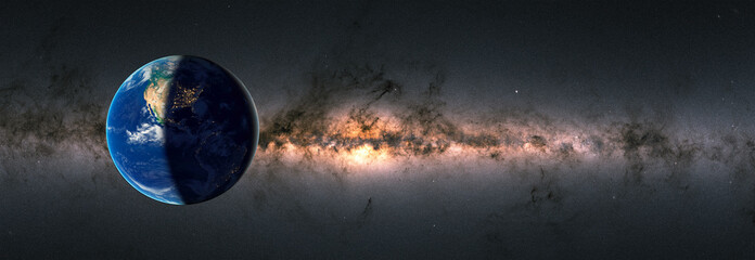 Day and night on Planet Earth milky way galaxy in the background. Elements of this image furnished...