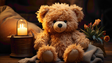 Adorable single teddy bear seated on a tabletop, adding a touch of whimsy and comfort to the living space
