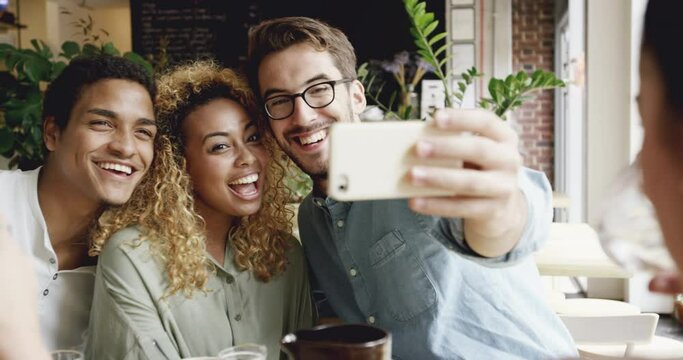 Friends, smile in selfie and relax in cafe, social media post and gathering with connection and fun together. Friendship date, happy people in picture or memory with photography at restaurant