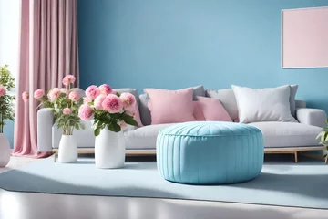  Pouf with cozy blanket in living room, light cool blue wall, pink poeny flowers in white vase © saadulhaq