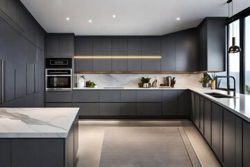 a modern gray kitchen with dark gray flat front cabinets, white marble countertops