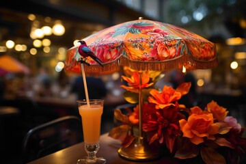 Fototapeta na wymiar An adorable miniature disposable umbrella with vibrant designs, placed on a cocktail table
