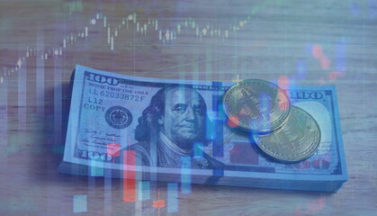 Fototapeta premium Dollar banknote and bitcoin coin with trading chart