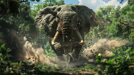 Wildlife photo of the dangerous elephant attack in a deep forest - obrazy, fototapety, plakaty