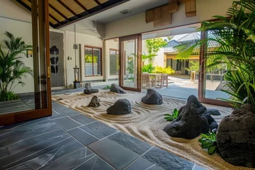 Tuinposter Retreat-like ambiance with Zen stones and sand, inviting serenity © Veniamin Kraskov
