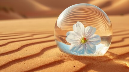 A transparent paperweight with a flower inside of it kept on desert with a big empty space for text, Generative AI.