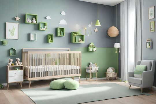 grey and green wall decoration modern baby room 